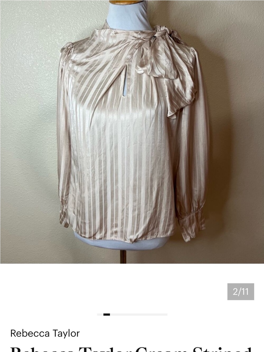Rebecca Taylor Cream Striped Long Sleeve Tie Neck Bow Silk Blouse 8